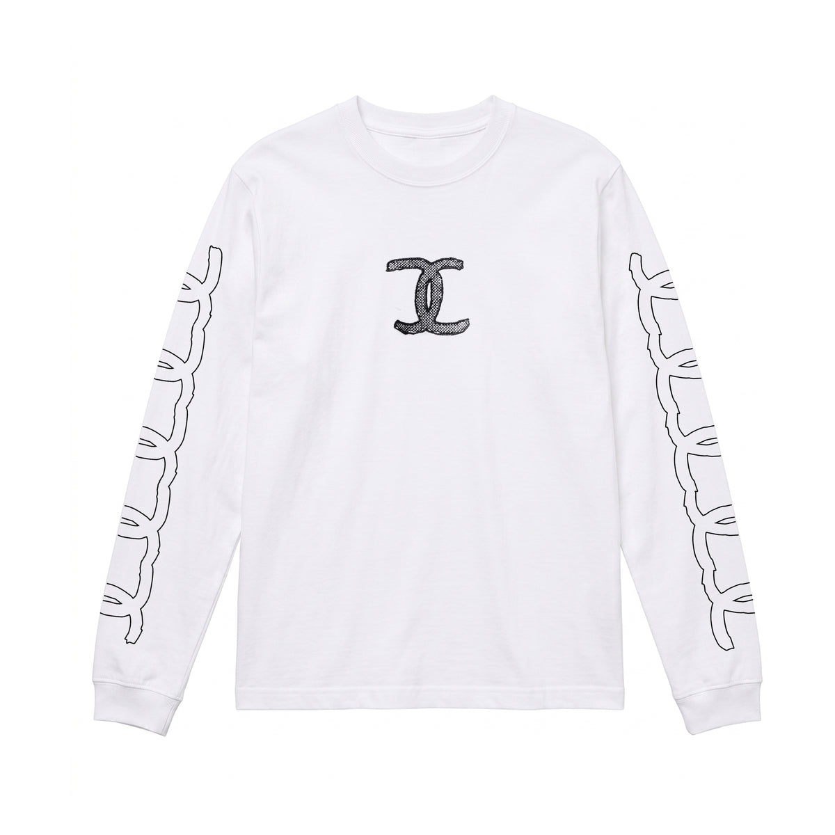 ホワイト ロングスリーブTシャツ（胸元ロゴ・両袖グラフィックプリント入り